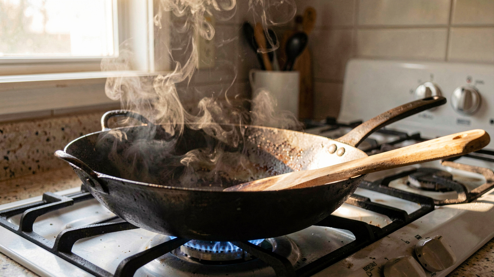 A well-used carbon steel wok sits on a gas burner in a home kitchen, its surface dark and seasoned, with a thin wisp of steam rising and a wooden spatula resting on the edge, lit by warm afternoon light from a side window, shot at a low angle with the burner knobs visible in the background.