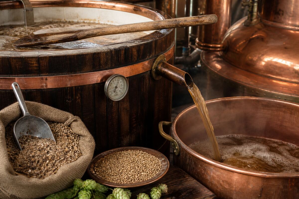 Follow the mash from grain bill to sweet wort: editorial still life showing the main ingredients and brewing context