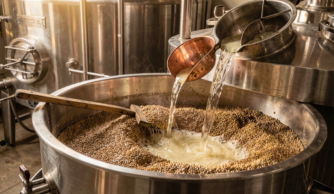 Follow the mash from grain bill to sweet wort: professional view of strike temperature, context showing starch conversion, with attention to iodine test