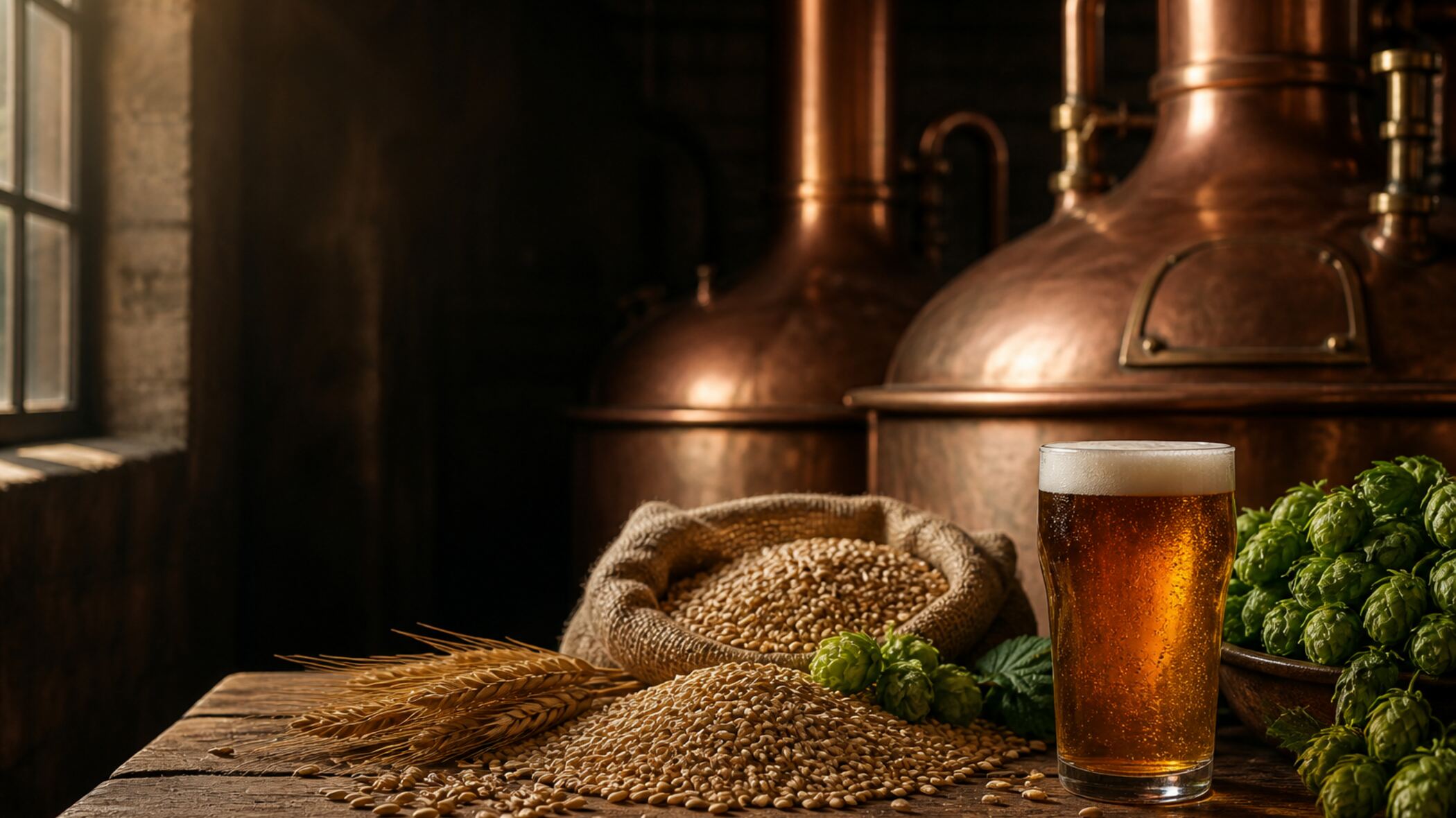 Copper brewing vessels, barley, hops, and a bright pint in a warm brewery