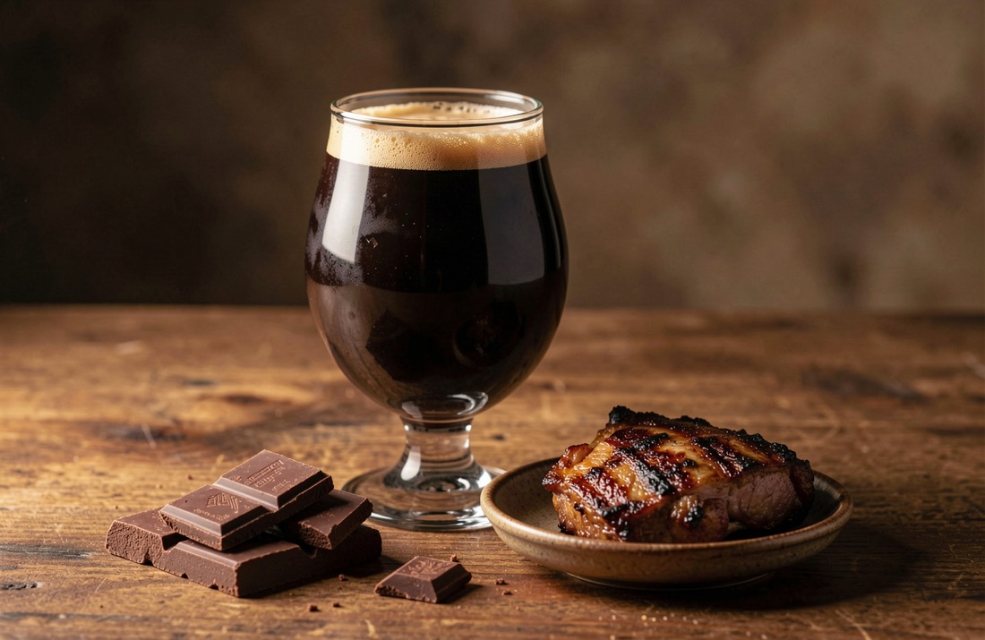 Pair dark stouts with chocolate and grilled meat: editorial still life showing the main ingredients and brewing context
