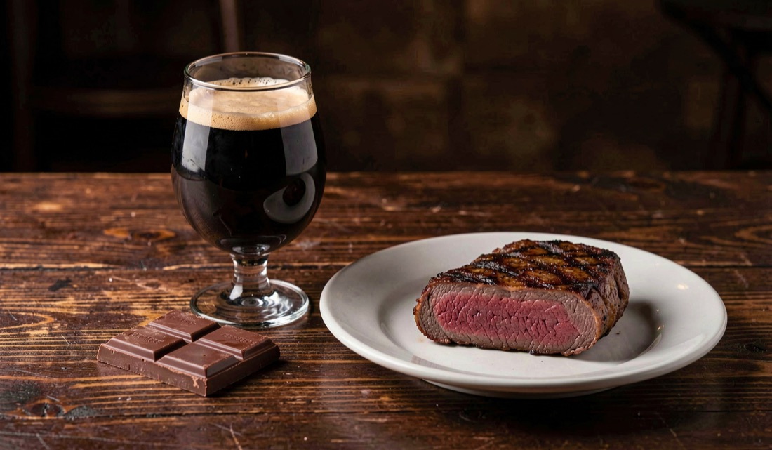 Pair dark stouts with chocolate and grilled meat: professional view of roast character, context showing texture contrast, with attention to dessert finish