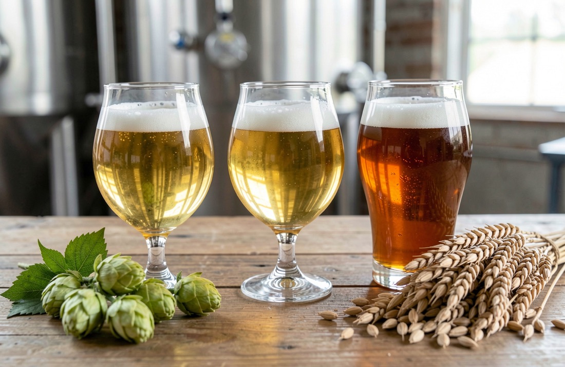 Understand the difference between ale and lager fermentation: editorial still life showing the main ingredients and brewing context